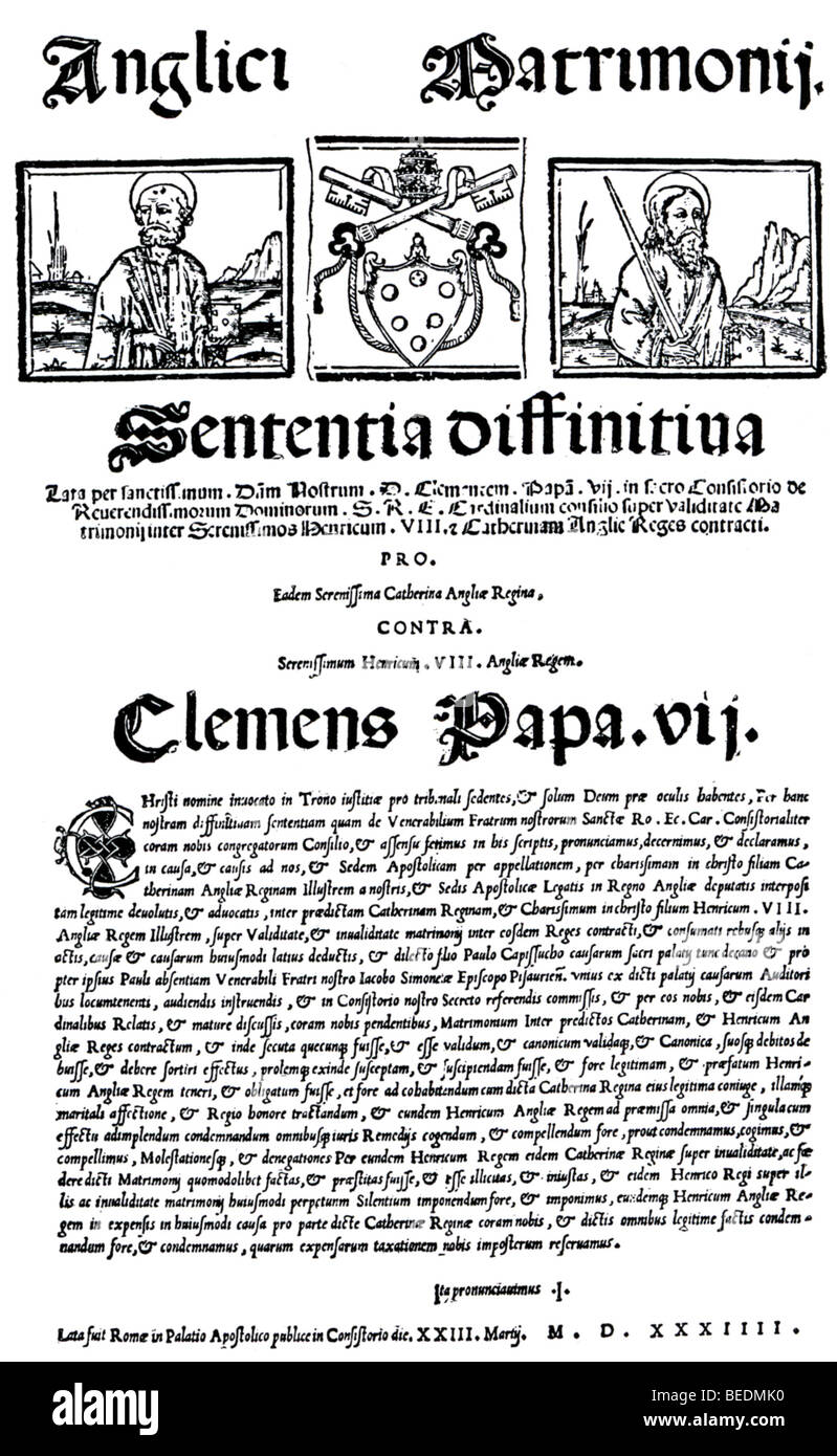 Bulle du Pape Clément VII déclarant en faveur de Catherine contre le Roi Henry VIII dans sa longue procédure de divorce Banque D'Images