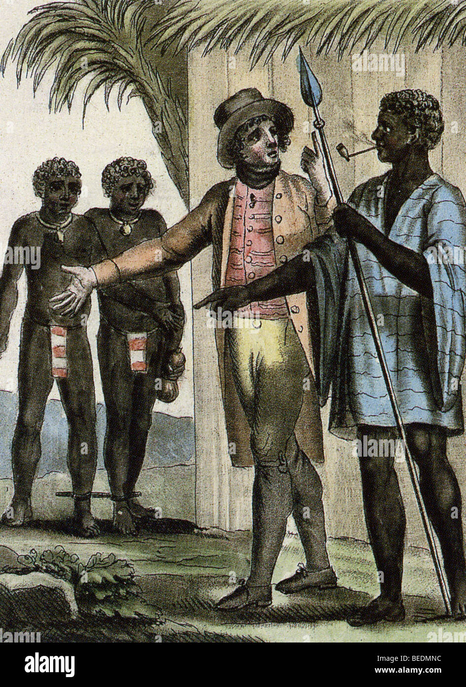 Les marchands d'esclaves à Gorée, au Sénégal, en 1796. Un commerçant blanc négocie avec un maître des esclaves. Banque D'Images