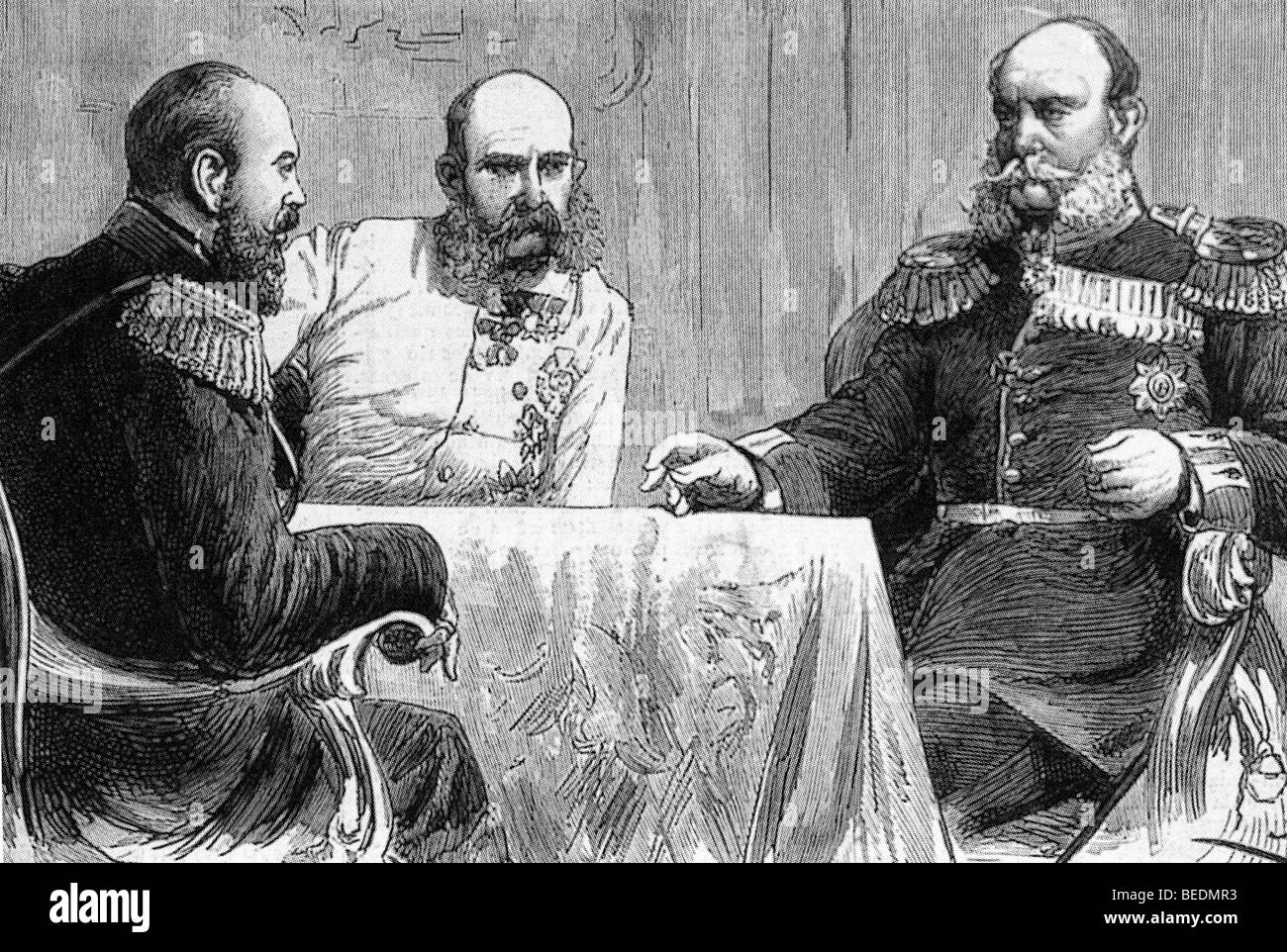 Conférence de Varsovie 1884. De gauche le Tsar Alexandre III de Russie, l'empereur François-Joseph d'Autriche et l'empereur Guillaume I d'Allemagne Banque D'Images