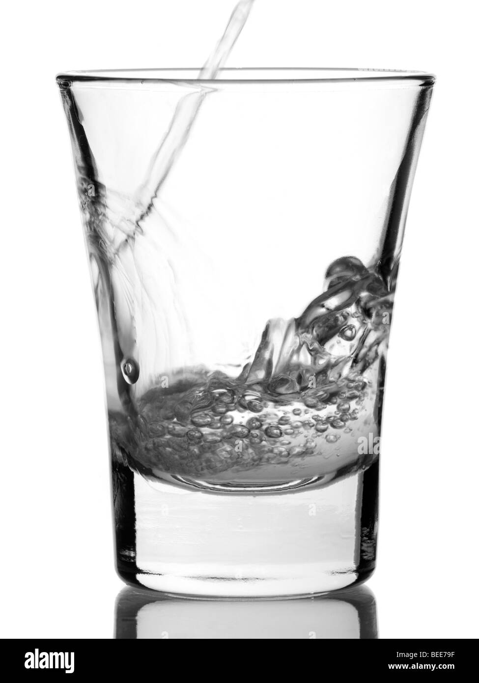 Verser un shot de vodka avec reflex sur fond blanc. Banque D'Images