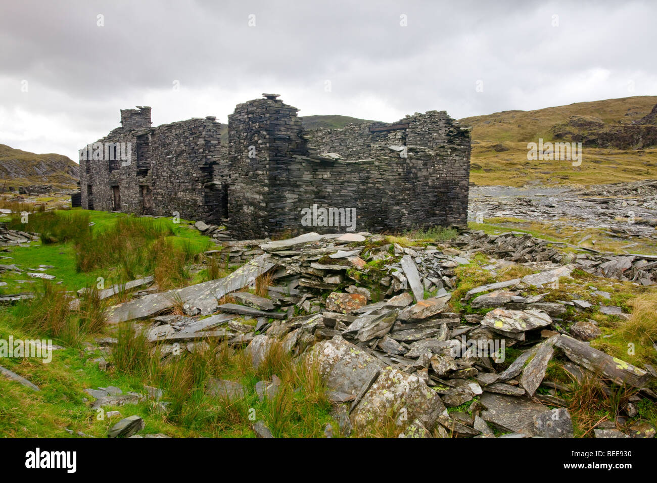 Les vestiges de la mine d'Ardoise abandonnés Rhosydd Cwmorthin haute au-dessus de la mine et Blaenau Ffestiniog, Snowdonia dans le Nord du Pays de Galles. Banque D'Images