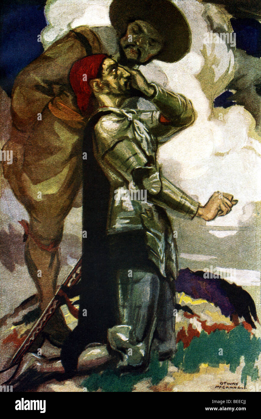 Dans cette peinture de 1920, Sancho Panza, le voisin Alonso demande d'être son écuyer, écoute à Don Quichotte à Dulcinée. Banque D'Images