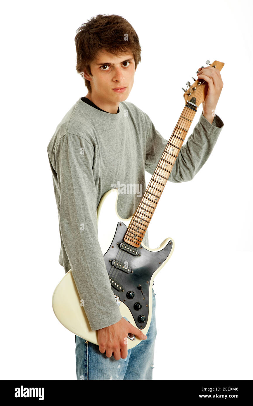 Les jeunes enfants guitare isolé sur fond blanc Banque D'Images