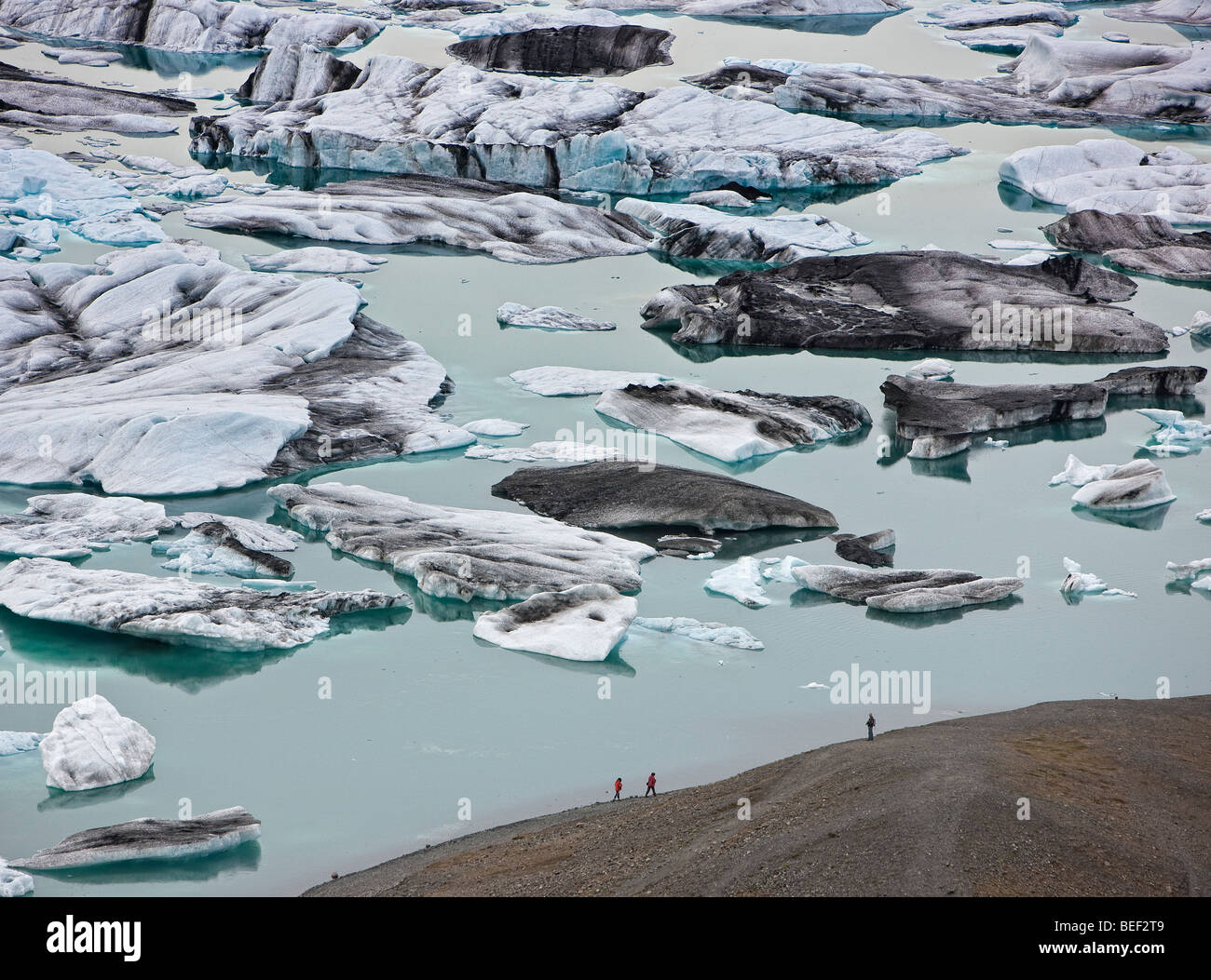 Vue aérienne de la flambée, Glaciaire Jokulsarlon, Breidamerkurjokull, calotte de glace, l'Islande Vatnajokull Banque D'Images