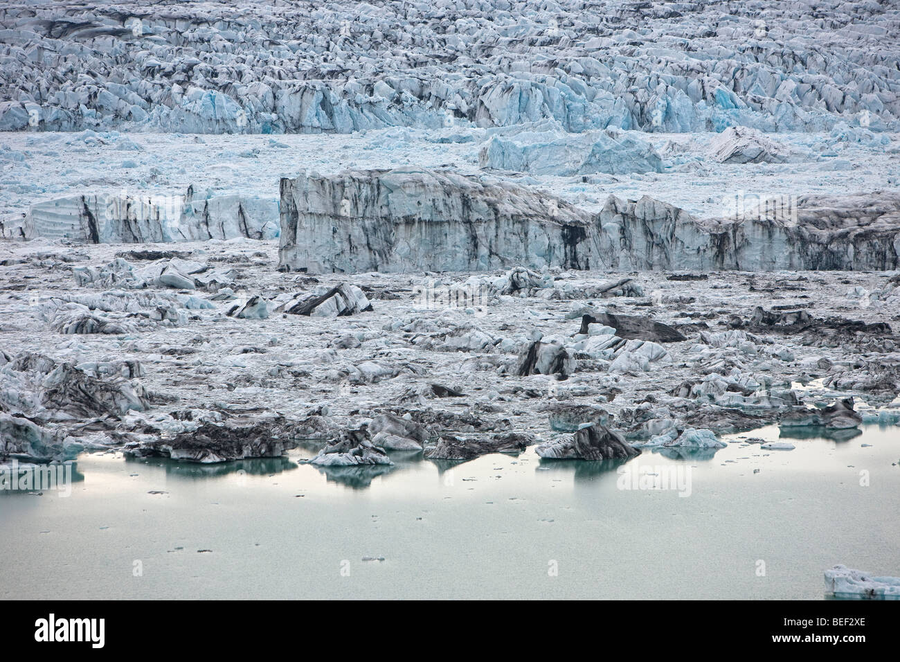 Vue aérienne de la flambée, Glaciaire Jokulsarlon, Breidamerkurjokull, calotte de glace, l'Islande Vatnajokull Banque D'Images Vue aérienne de la flambée, Glaciaire Jokulsarlon, Breidamerkurjokull, calotte de glace, l'Islande Vatnajokull Banque D'Images