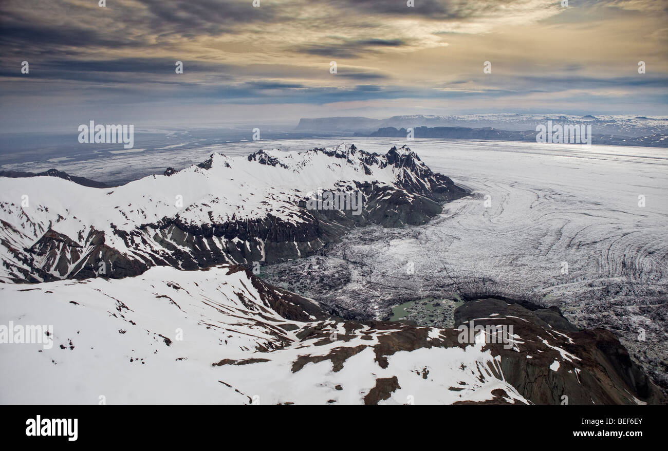 Vue aérienne de la flambée, glaciaire, glacière, à l'Islande Vatnajokull Banque D'Images Vue aérienne de la flambée, glaciaire, glacière, à l'Islande Vatnajokull Banque D'Images
