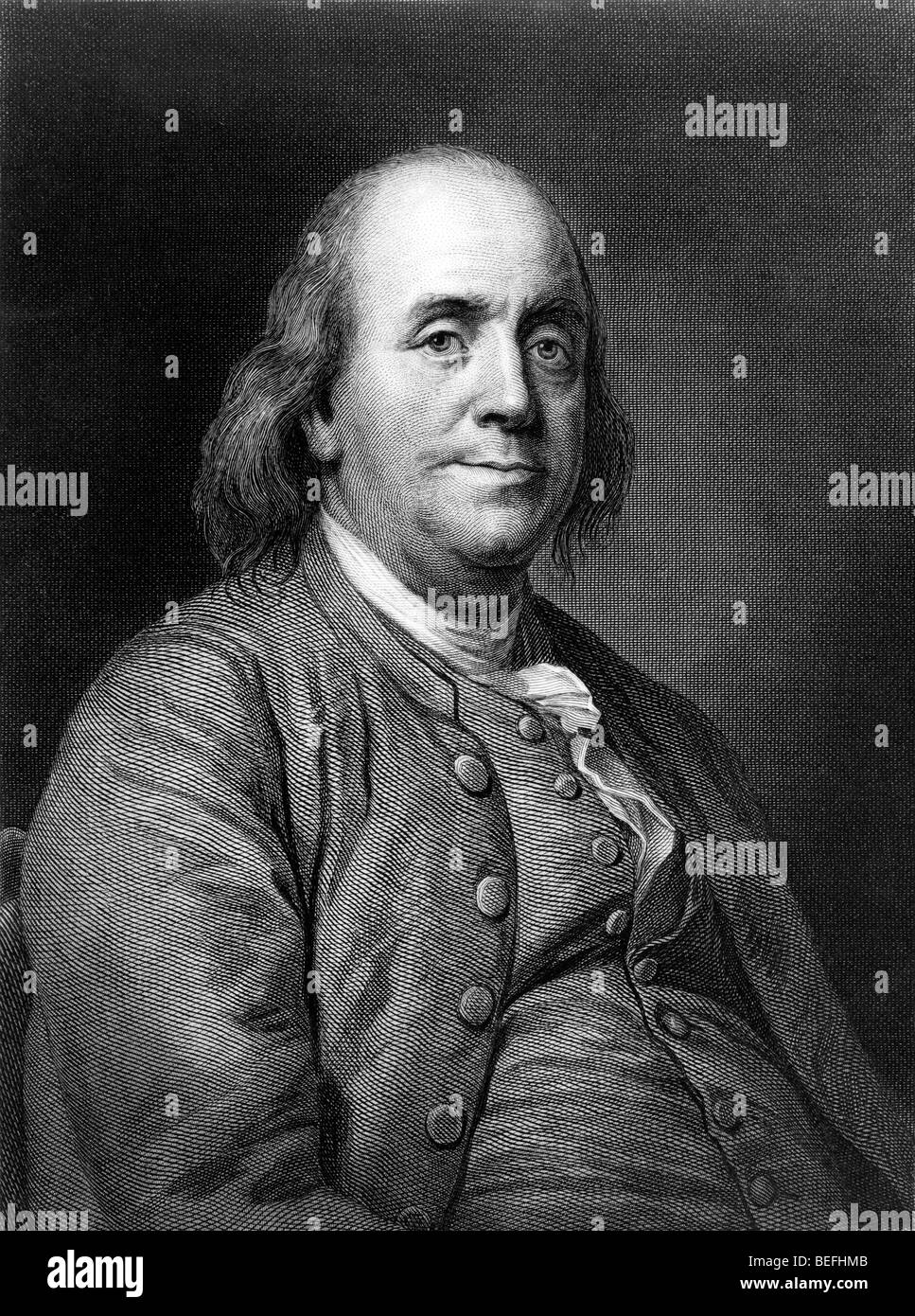 Gravure Portrait vers 1868 d'entre nous, père fondateur Benjamin Franklin (1706 - 1790). Banque D'Images