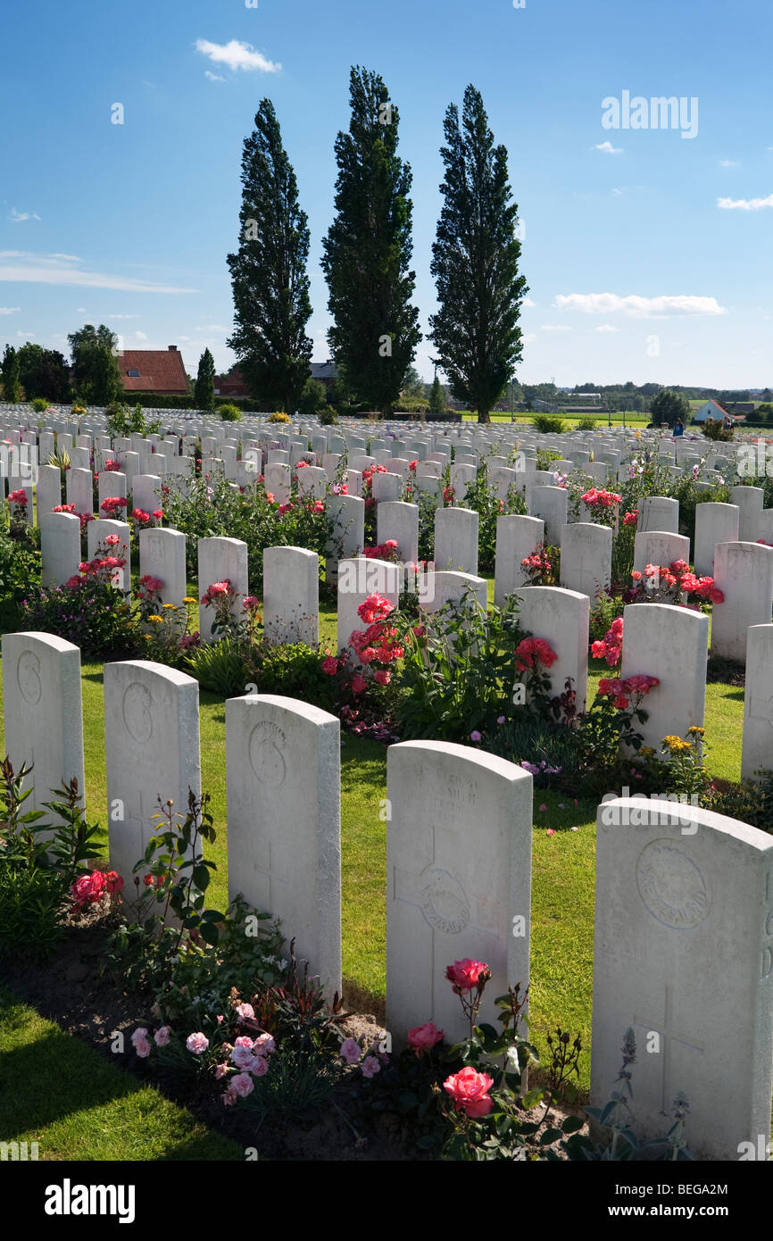 Vue sur le cimetière militaire de Tyne Cot. Cimetière britannique de la Première Guerre mondiale avec 11 856 pierres tombales blanches. Banque D'Images