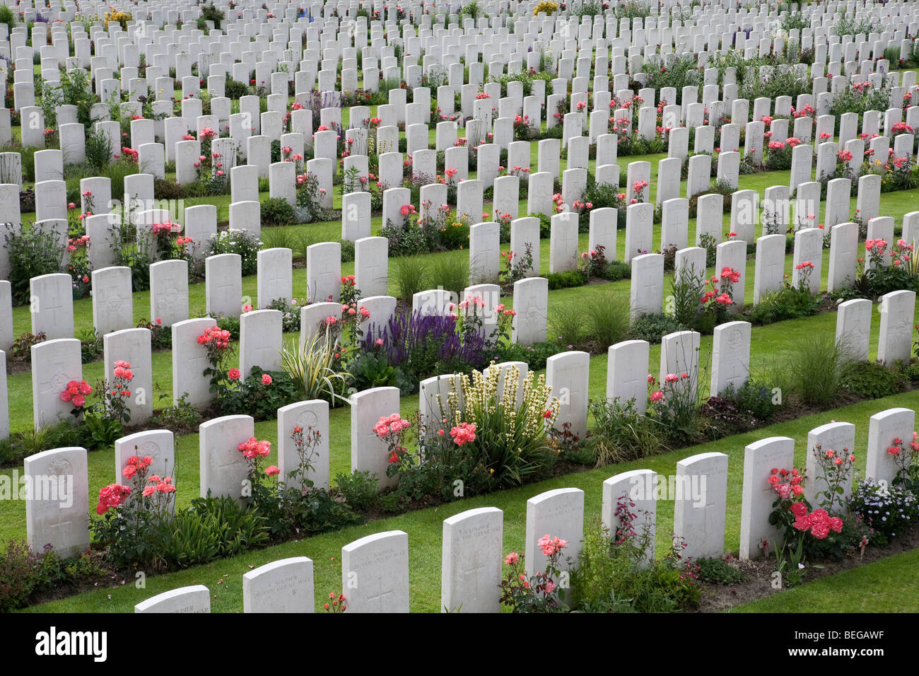 Vue sur le cimetière militaire de Tyne Cot. Cimetière britannique de la Première Guerre mondiale avec 11 856 pierres tombales blanches. Banque D'Images