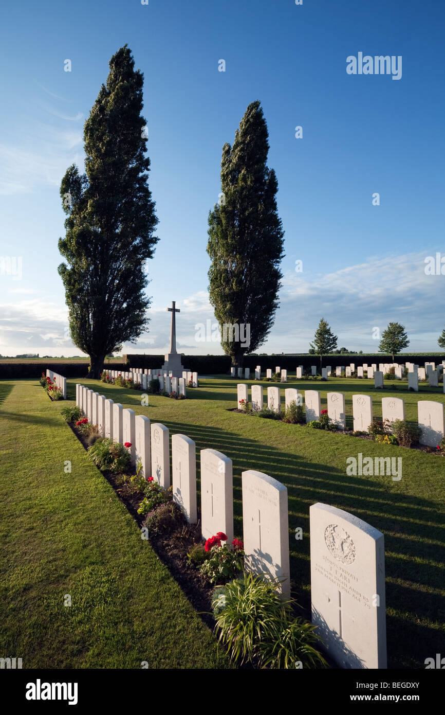 Première Guerre mondiale cimetière militaire britannique avec des peupliers. Banque D'Images