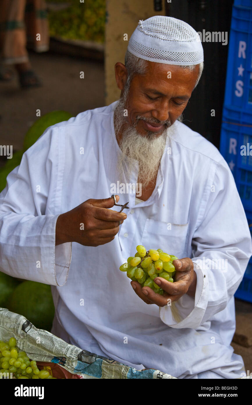 Vendeur de fruits musulman nettoyage de raisins pour la vente au marché de Vieux Dhaka Bangladesh Banque D'Images