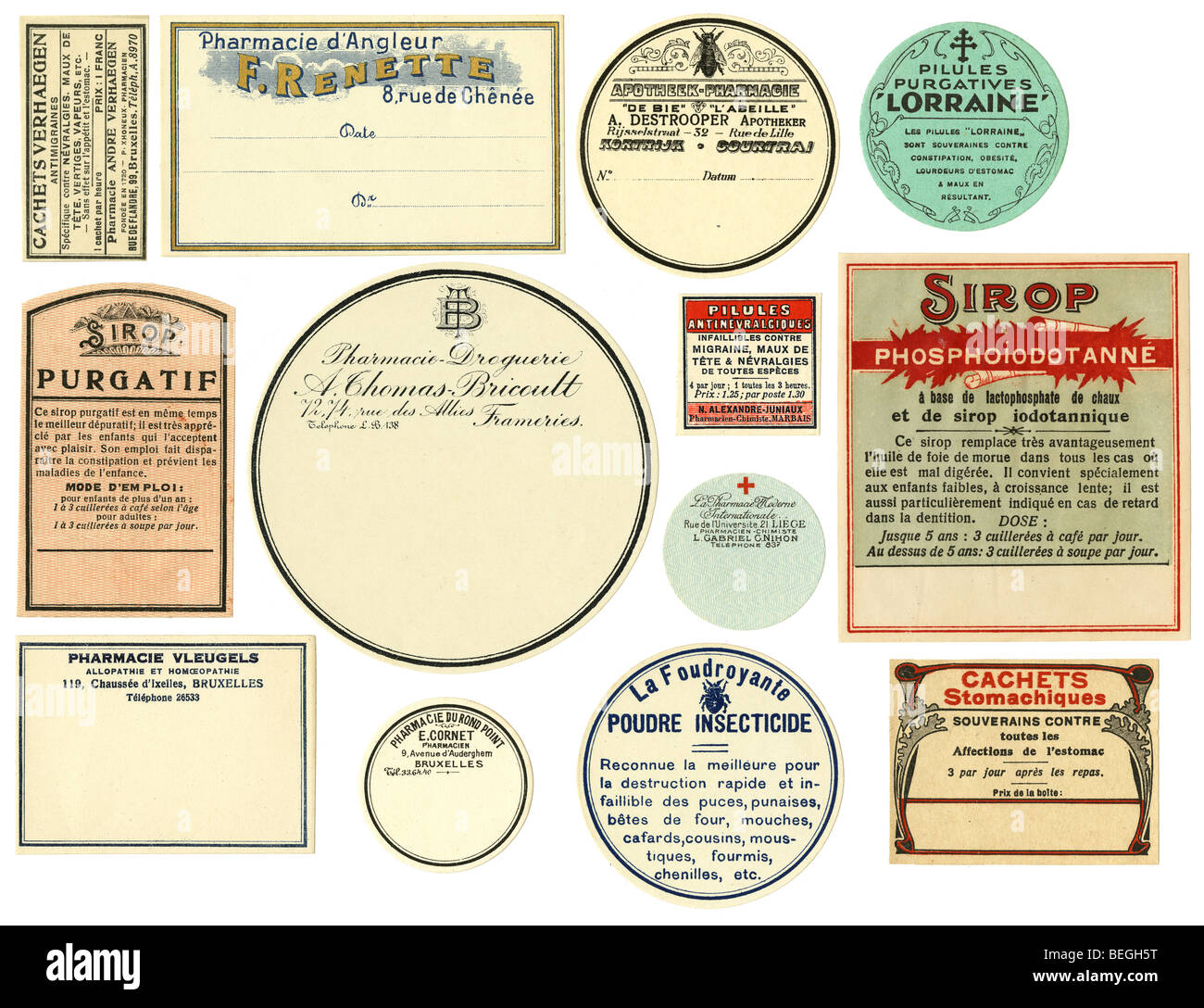 Circa 1910 étiquettes pharmacie belge en français. Banque D'Images