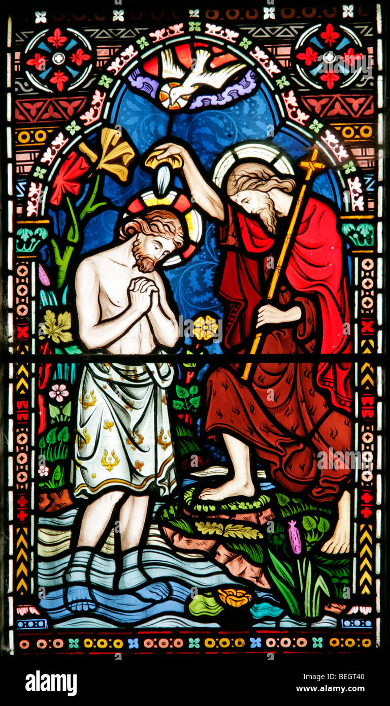 Fenêtre vitrail de William Warrington représentant le baptême de Jésus-Christ, Église de Sainte Marie la Vierge, Gunthorpe, Norfolk Banque D'Images