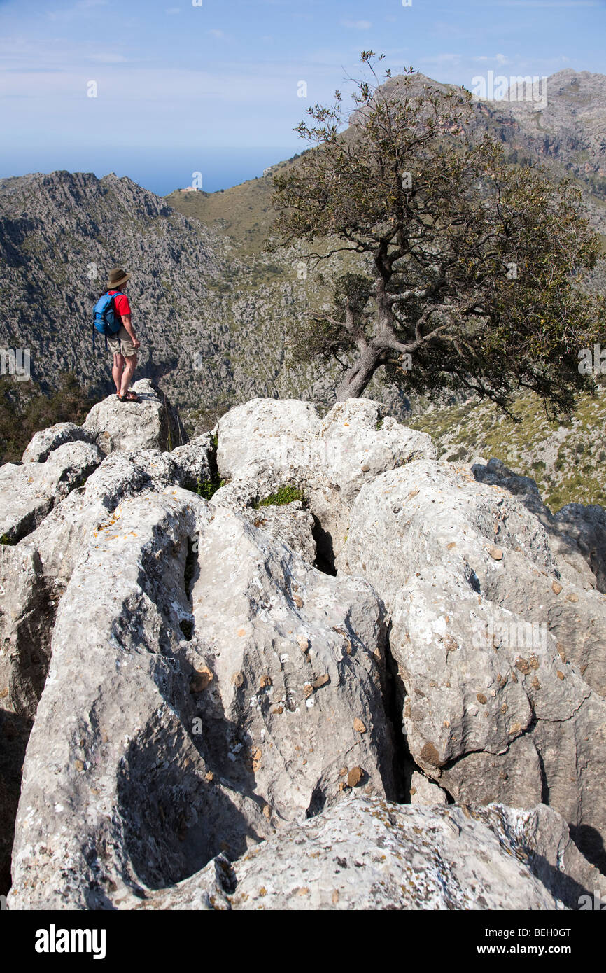 Montagne érodée calcaire avec female hiker en Torrent de Pareis à Majorque Espagne Banque D'Images