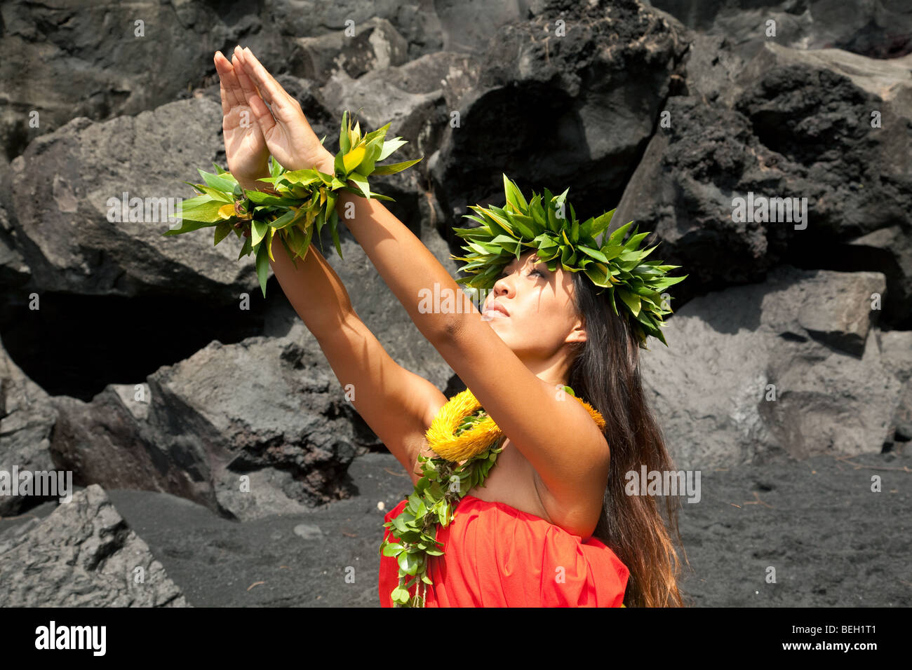 Jeune femme hawaïenne traditionnelle portant des vêtements de hula. Banque D'Images
