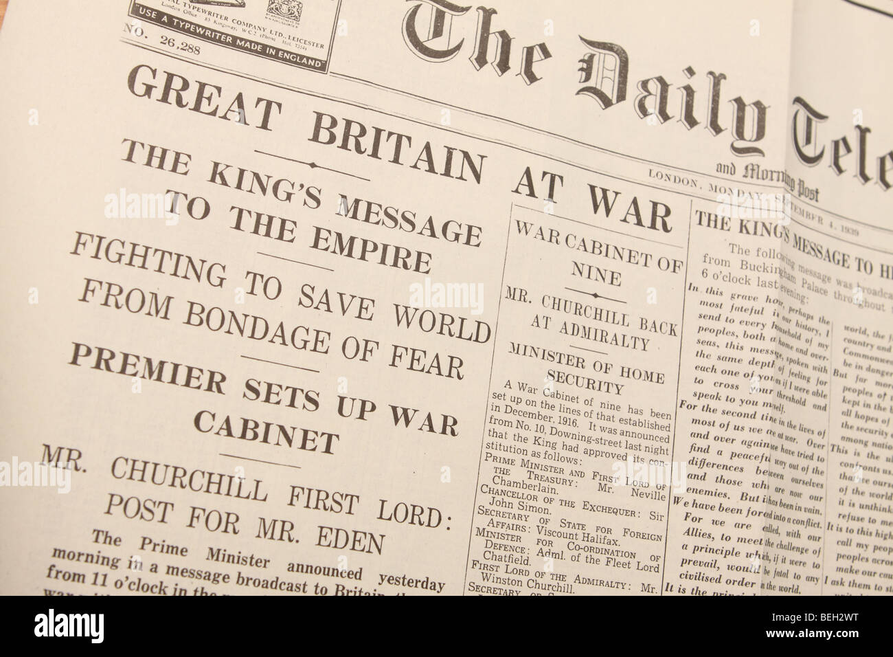 La Grande-Bretagne en guerre gros titre de journal de septembre 1939 au début de la Seconde Guerre 2 tel qu'imprimé dans le Daily Telegraph 4.9.1939 Banque D'Images