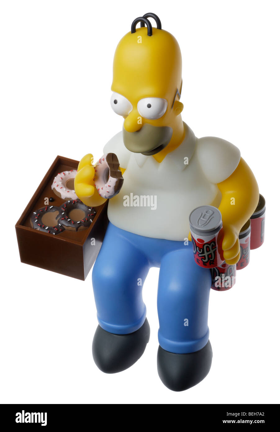 Homer Simpson doll, manger des beignets et boire de la bière Banque D'Images