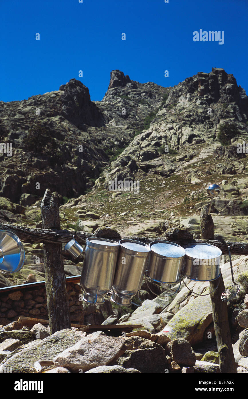 Les bidons de lait de chèvre pour les bergeries de Radule Corse Banque D'Images