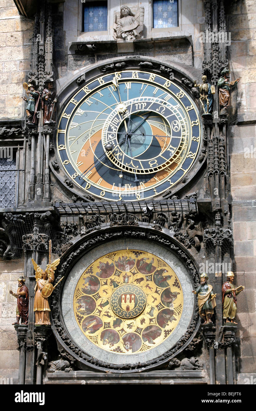 L'Horloge Astronomique de Prague / Prague Orloj avec son horloge, calendrier, et figures animées, République Tchèque Banque D'Images