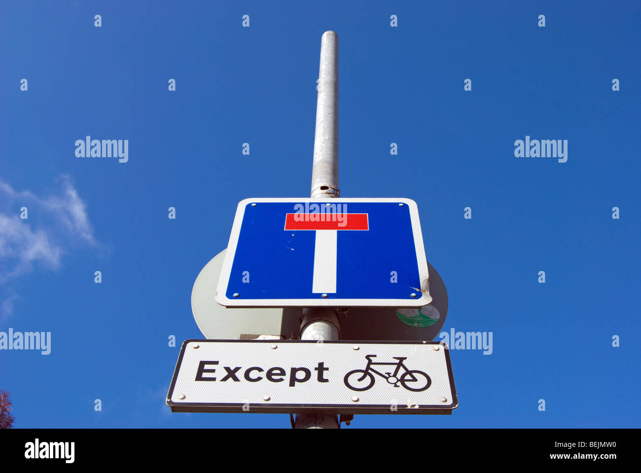 La signalisation routière indiquant une rue sans issue, sauf pour les cyclistes Banque D'Images