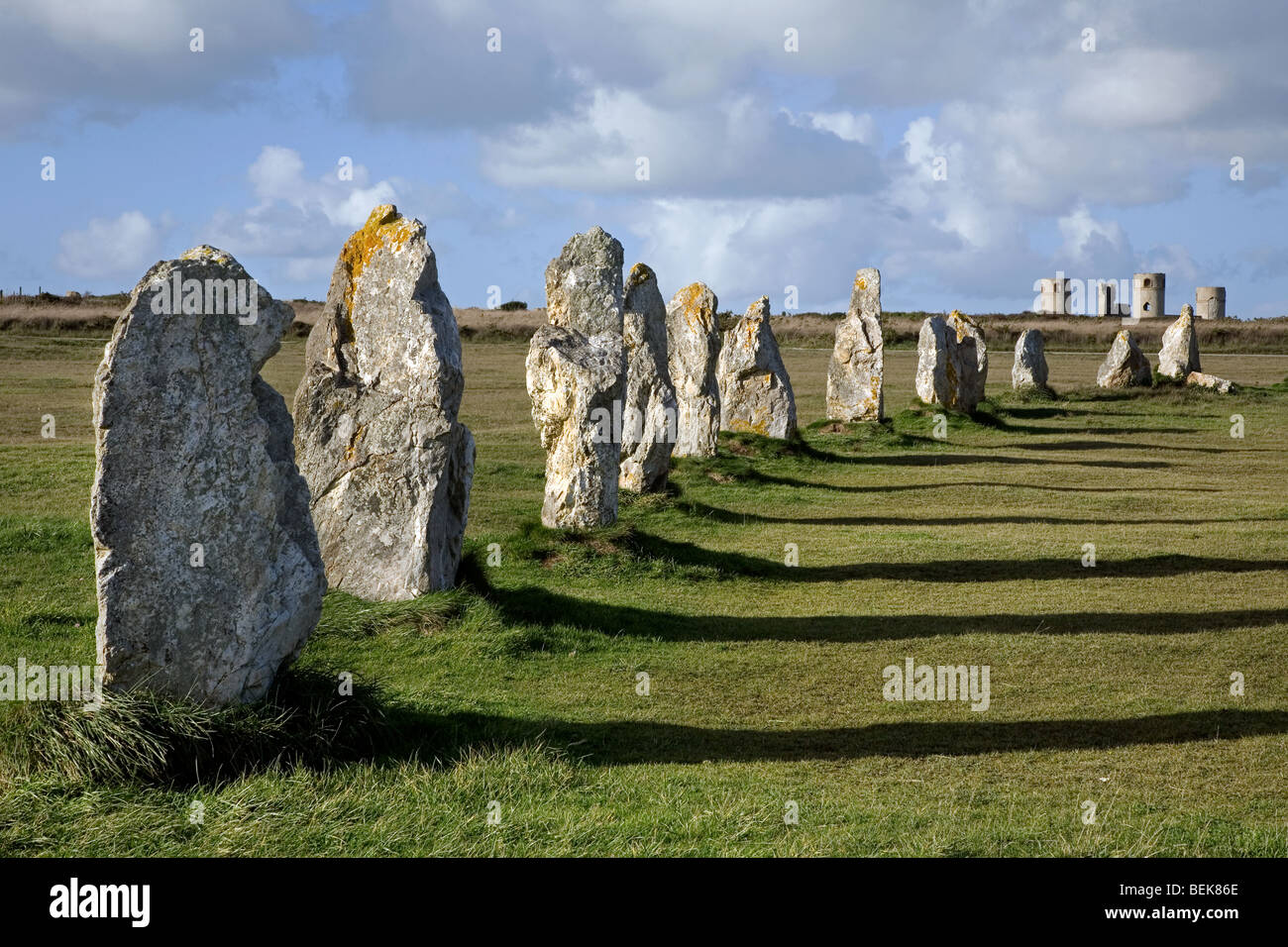 Alignements de Lagatjar néolithique en pierre, l'alignement de menhirs mégalithiques à Camaret-sur-Mer, Bretagne, Finistère, France Banque D'Images