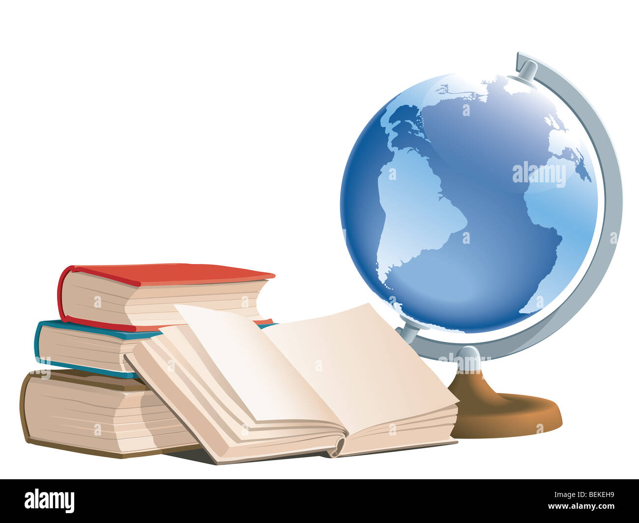 Illustration de livres et de globe sur fond blanc. Banque D'Images