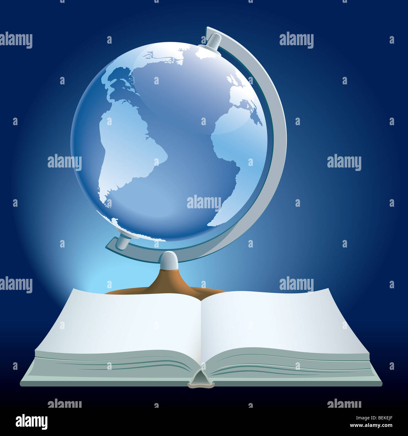 Illustration de livre et globe sur fond bleu. Banque D'Images