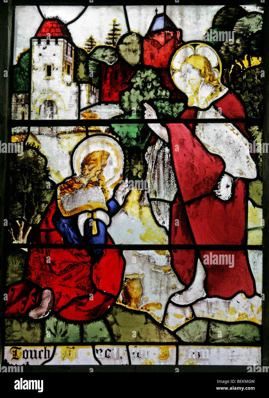 Le vitrail de la fenêtre de l'est All Saints Church, Shipdham, Norfolk représentant Jésus et Marie Madeleine Jardin de Gethsémani Banque D'Images