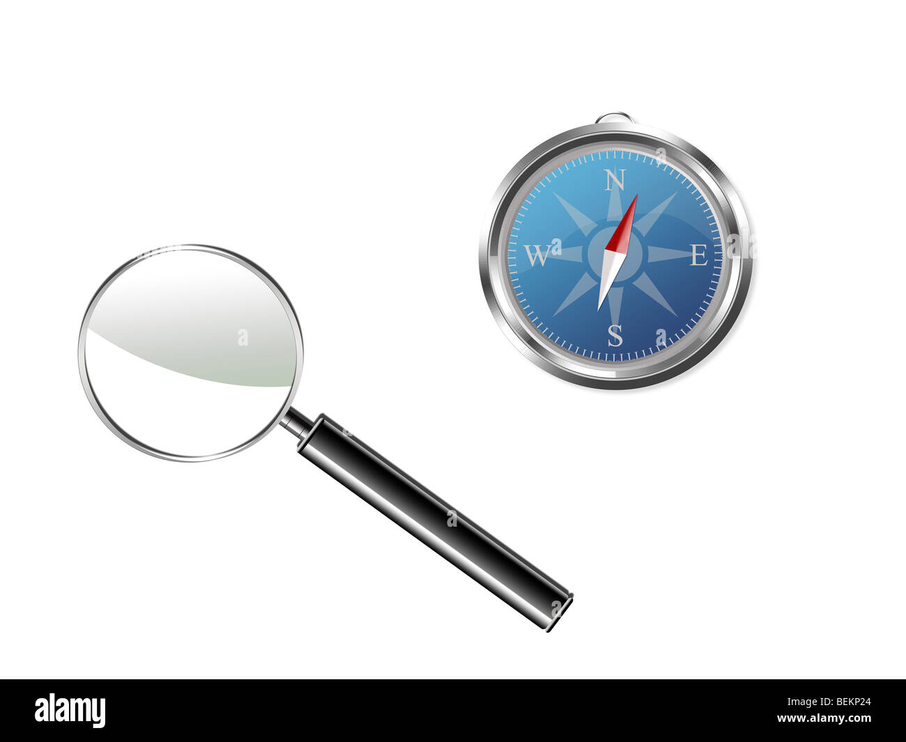Illustration avec boussole et loupe isolated on white Banque D'Images