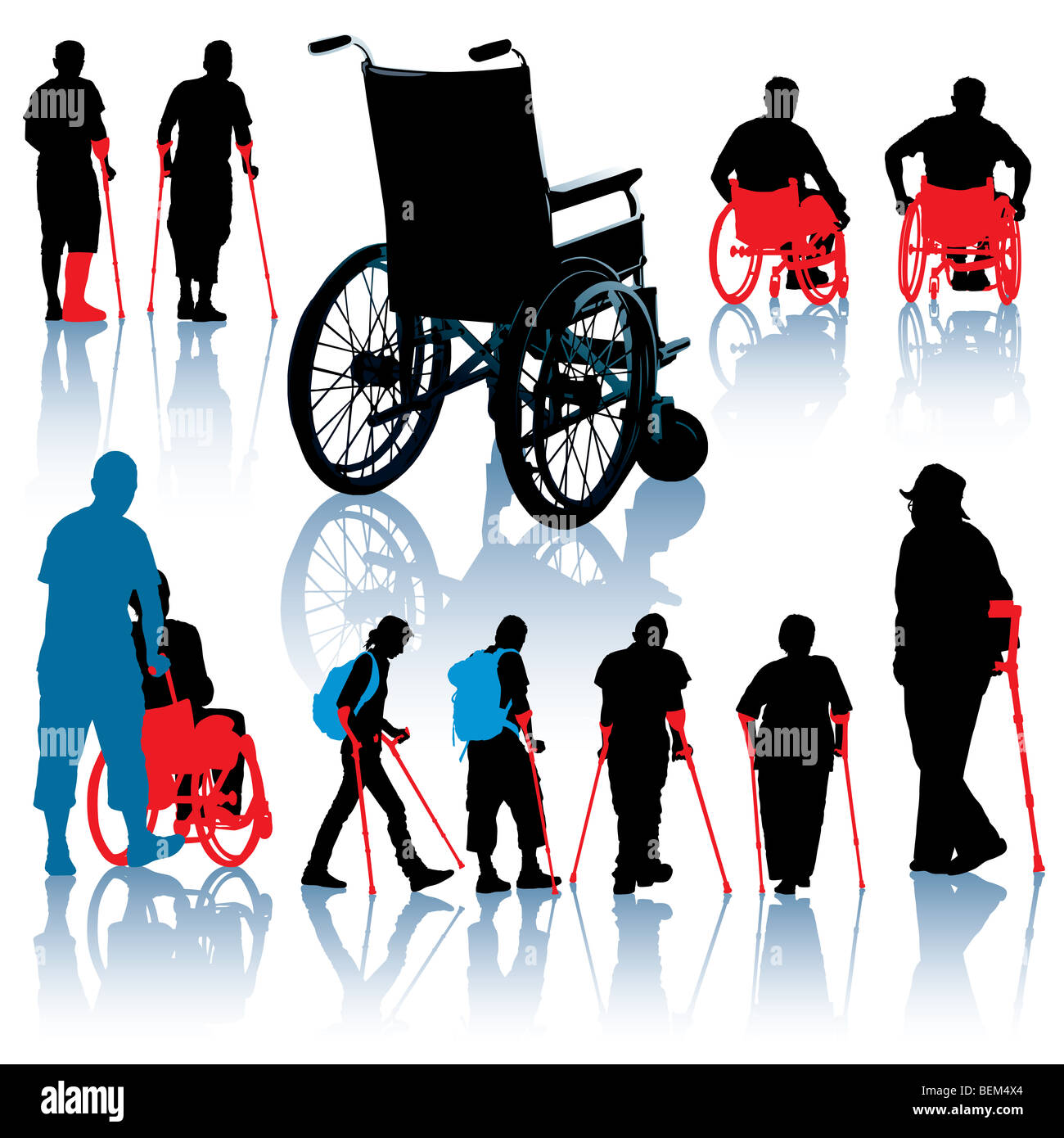 Un ensemble de fauteuil roulant et les personnes handicapées silhouettes Banque D'Images