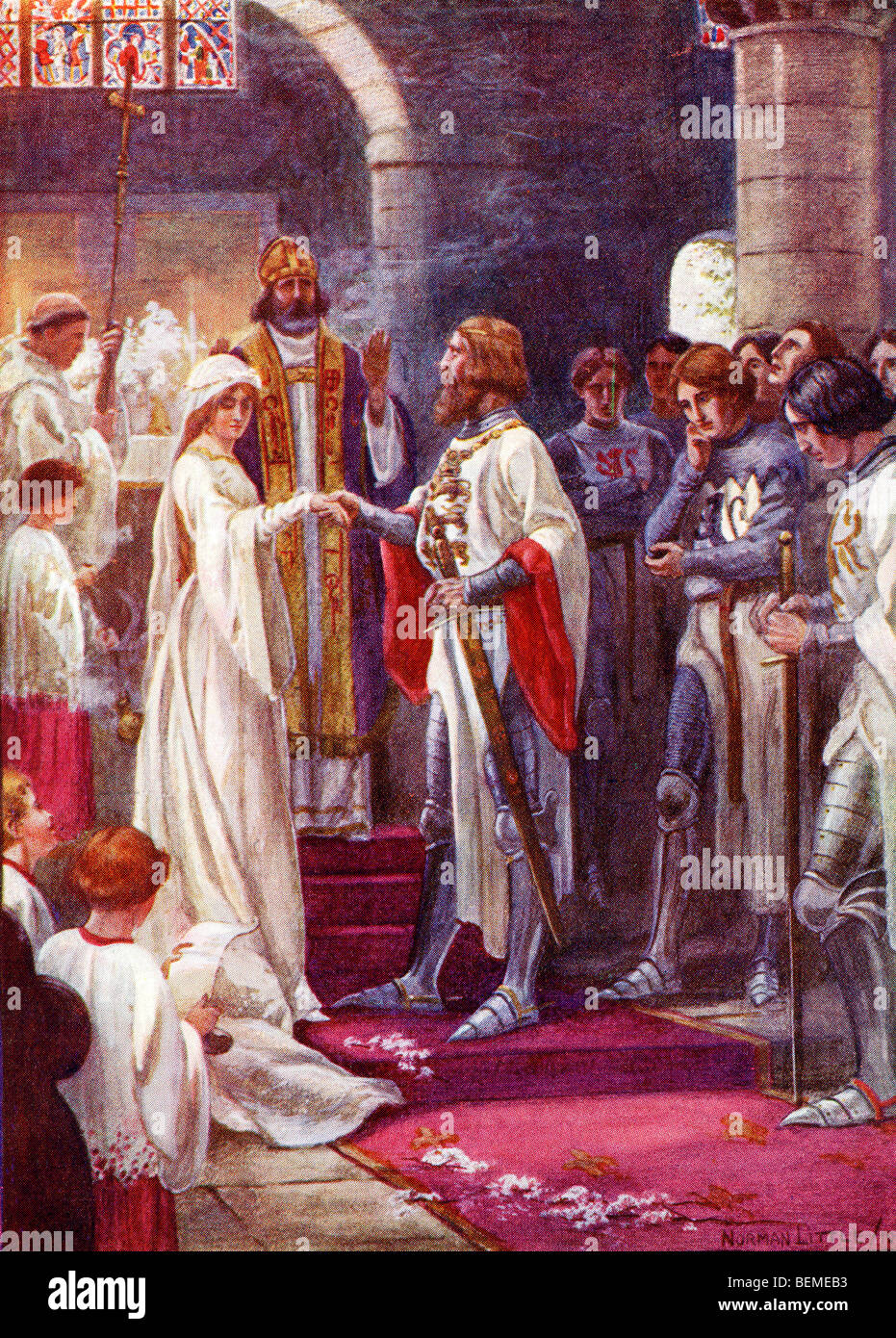 Le mariage du Roi Arthur et de Guenièvre. Illustration de l'album couleur La Passerelle à Tennyson publié 1910. Banque D'Images
