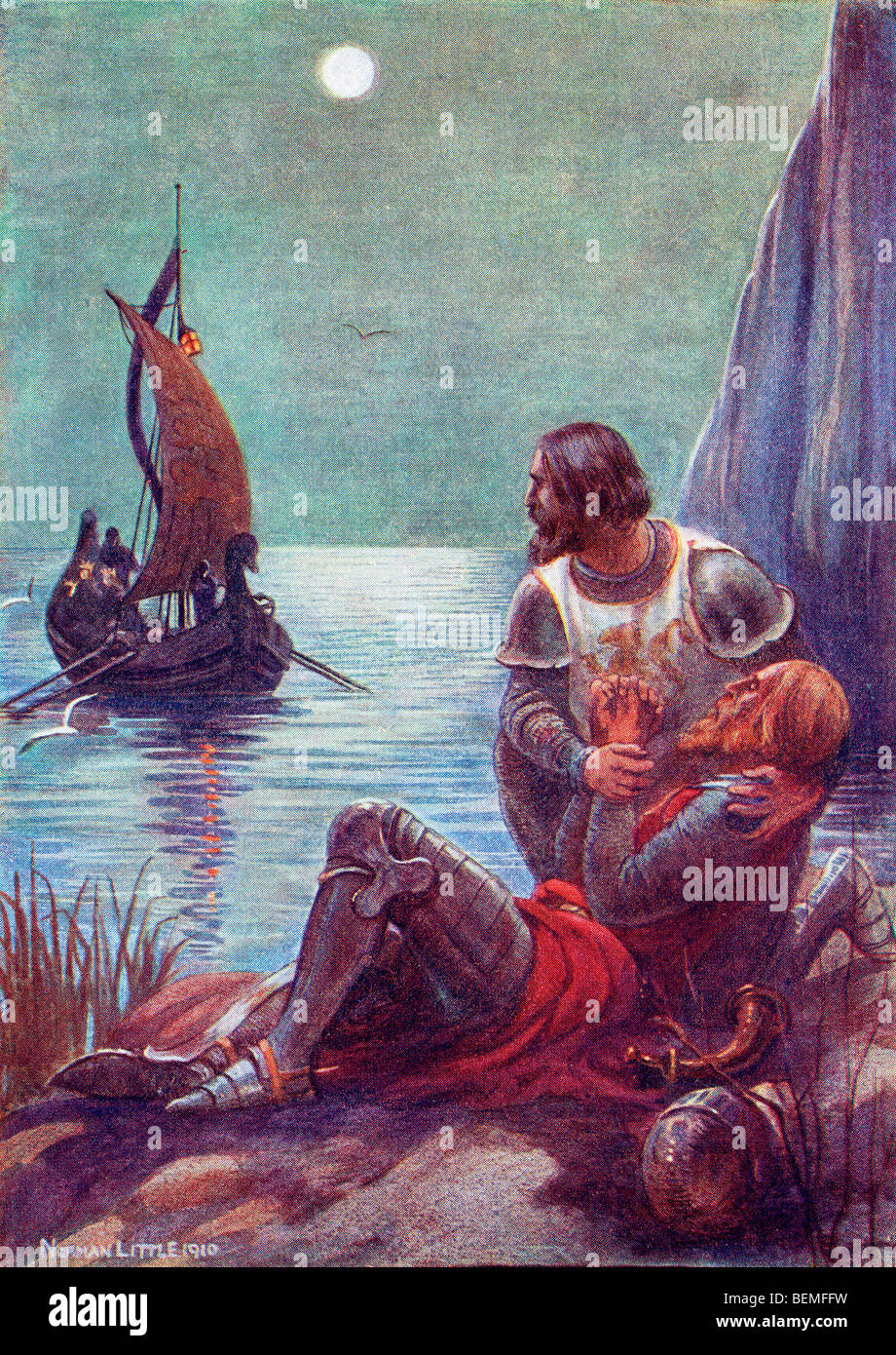 La mort du roi Arthur. Illustration de l'album couleur La Passerelle à Tennyson publié 1910. Banque D'Images