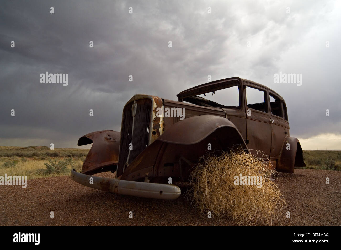 Vieille voiture rouillée et le chardon de Russie / Tumbleweed (Salsola tragus / Salsola iberica) Arizona, États-Unis Banque D'Images
