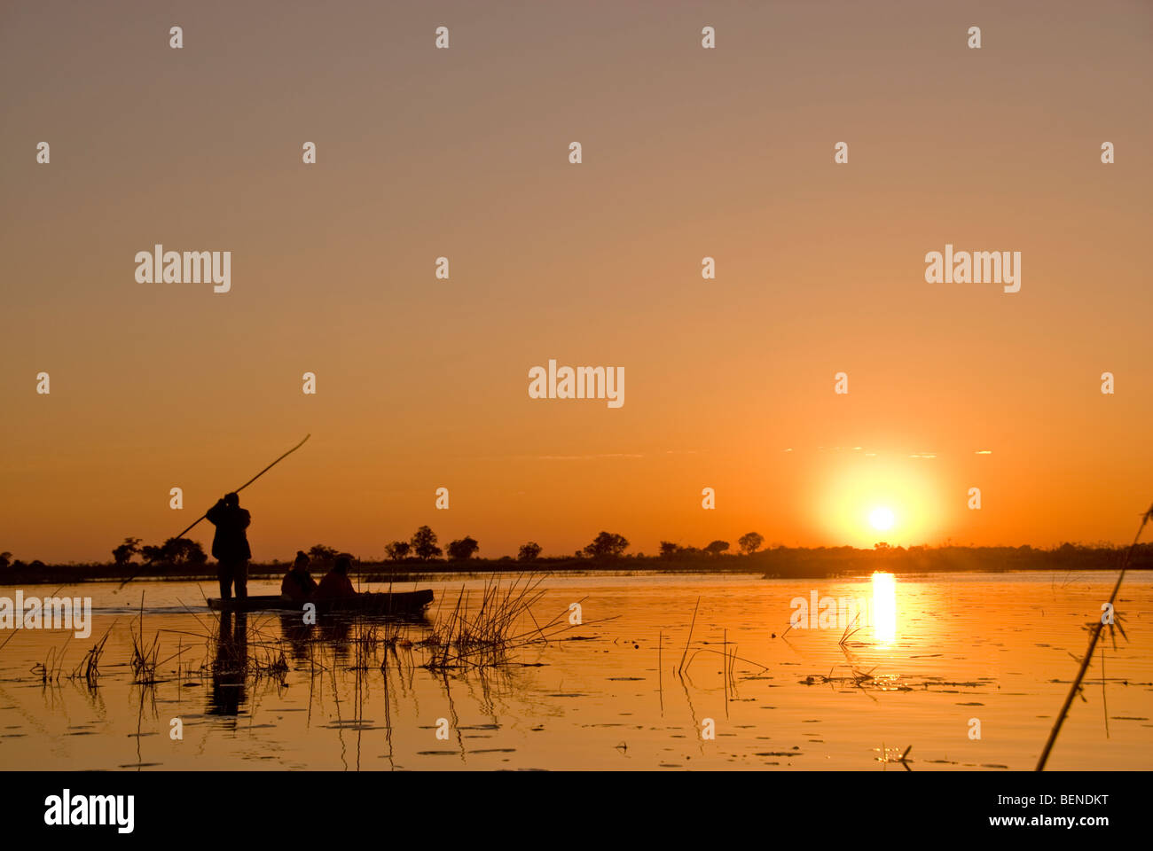 Un bateau se déplace le long du delta de l'Okavango au coucher du soleil, le Botswana, l'Afrique. Banque D'Images