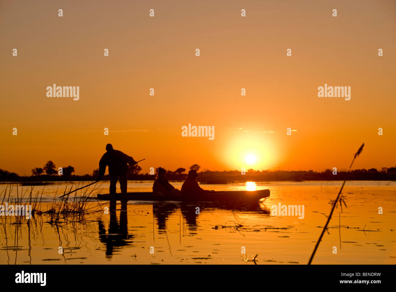 Un bateau se déplace le long du delta de l'Okavango au coucher du soleil, le Botswana, l'Afrique. Banque D'Images