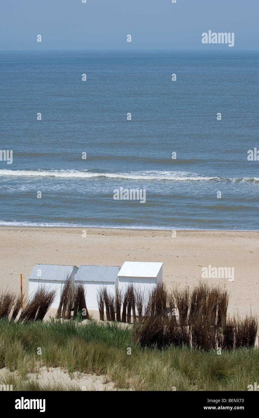 Cabines de plage de sable blanc le long de la côte de la mer du Nord à la station balnéaire / Coxyde Koksijde, Flandre occidentale, Belgique Banque D'Images