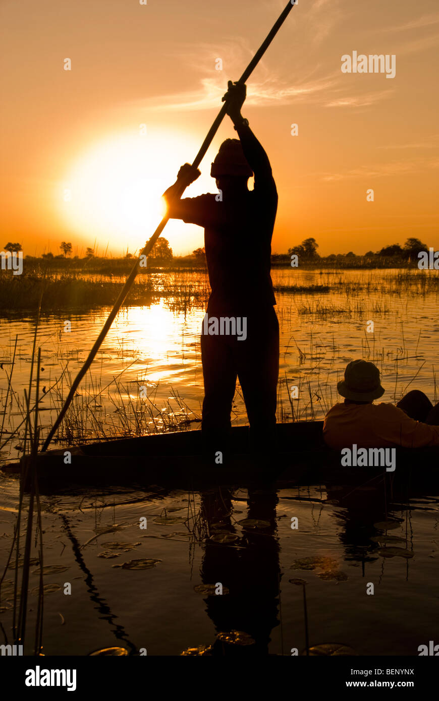 Un bateau se déplace le long du delta de l'Okavango au coucher du soleil, le Botswana, l'Afrique. Banque D'Images