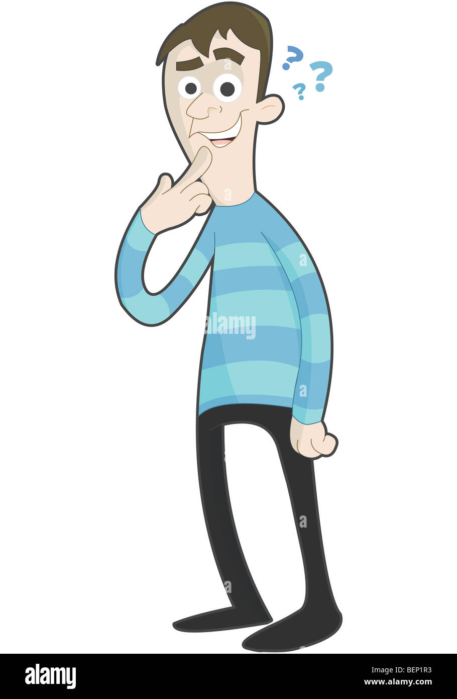 Un Cartoon boy Thinking - index sur la tête Banque D'Images
