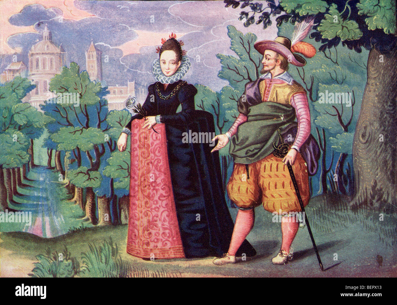 La reine Elizabeth et Sir Walter Raleigh. Illustration couleur à partir de l'Illustrated London News, numéro de Noël, 1933. Banque D'Images