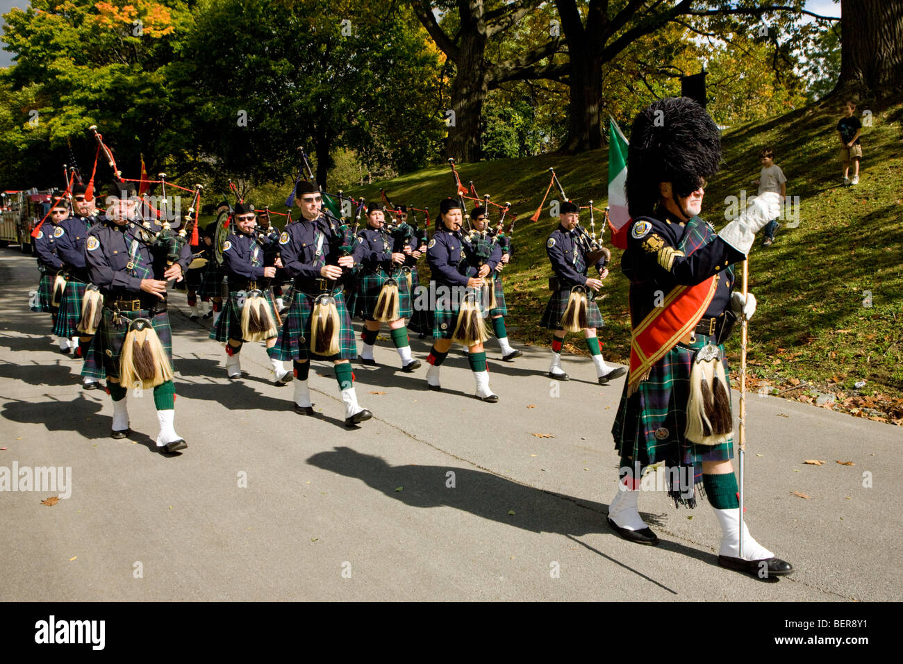 Cornemuse à Columbus Day Parade, Albany, New York Banque D'Images