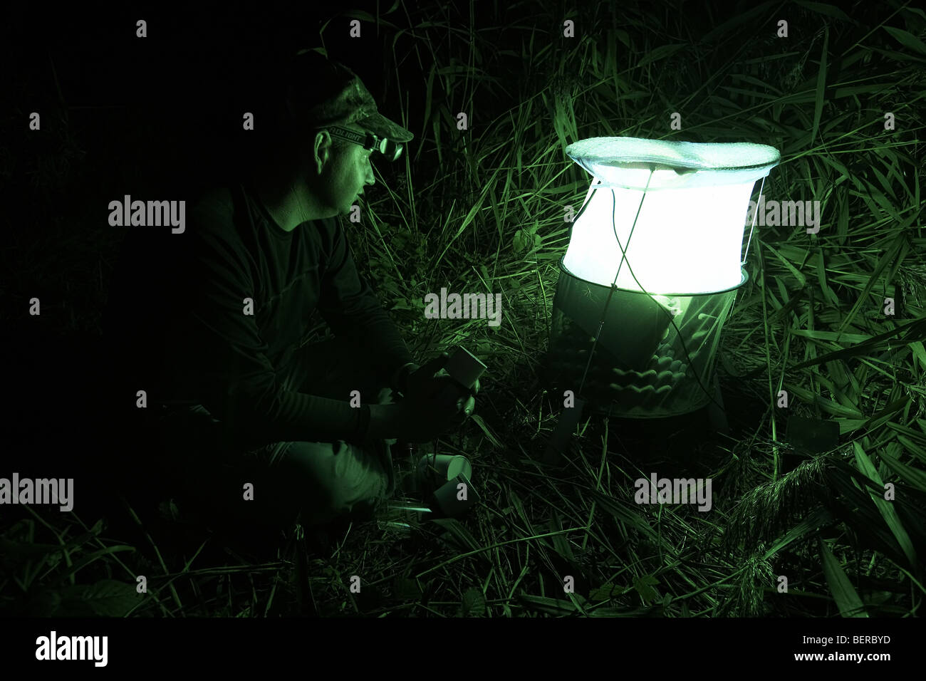 La mise en place d'entomologiste une espèce de piège la nuit, East Yorkshire, UK Banque D'Images