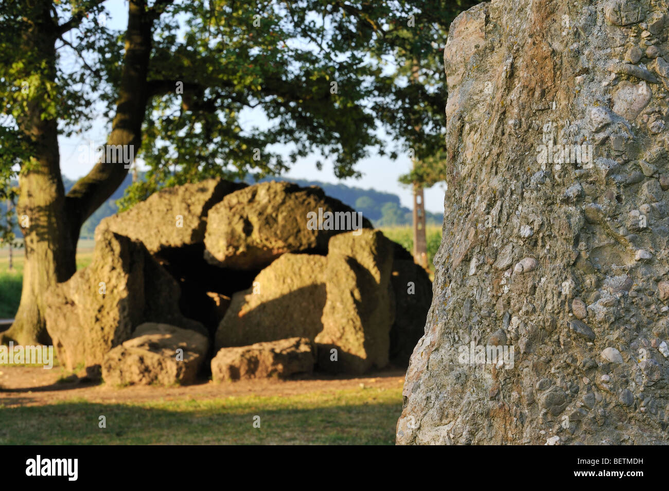 Grand mégalithique Dolmen de Wéris et menhir fait de roches conglomérées, Ardennes, Luxembourg, Belgique Banque D'Images