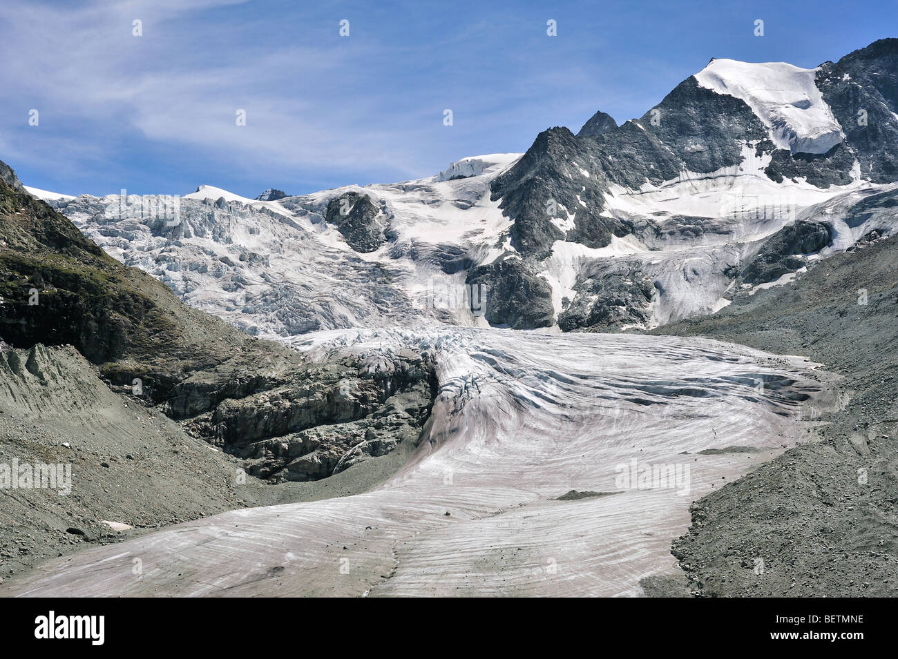 La moraine du glacier de Moiry montrant et retrait des glaces et de la neige dans les Alpes Pennines / Walliser Alpen, Valais / Wallis (Suisse) Banque D'Images