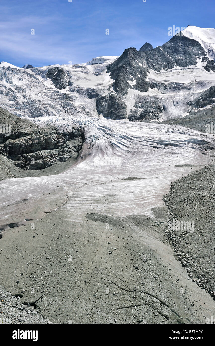 La moraine du glacier de Moiry montrant et retrait des glaces et de la neige dans les Alpes Pennines / Walliser Alpen, Valais / Wallis (Suisse) Banque D'Images