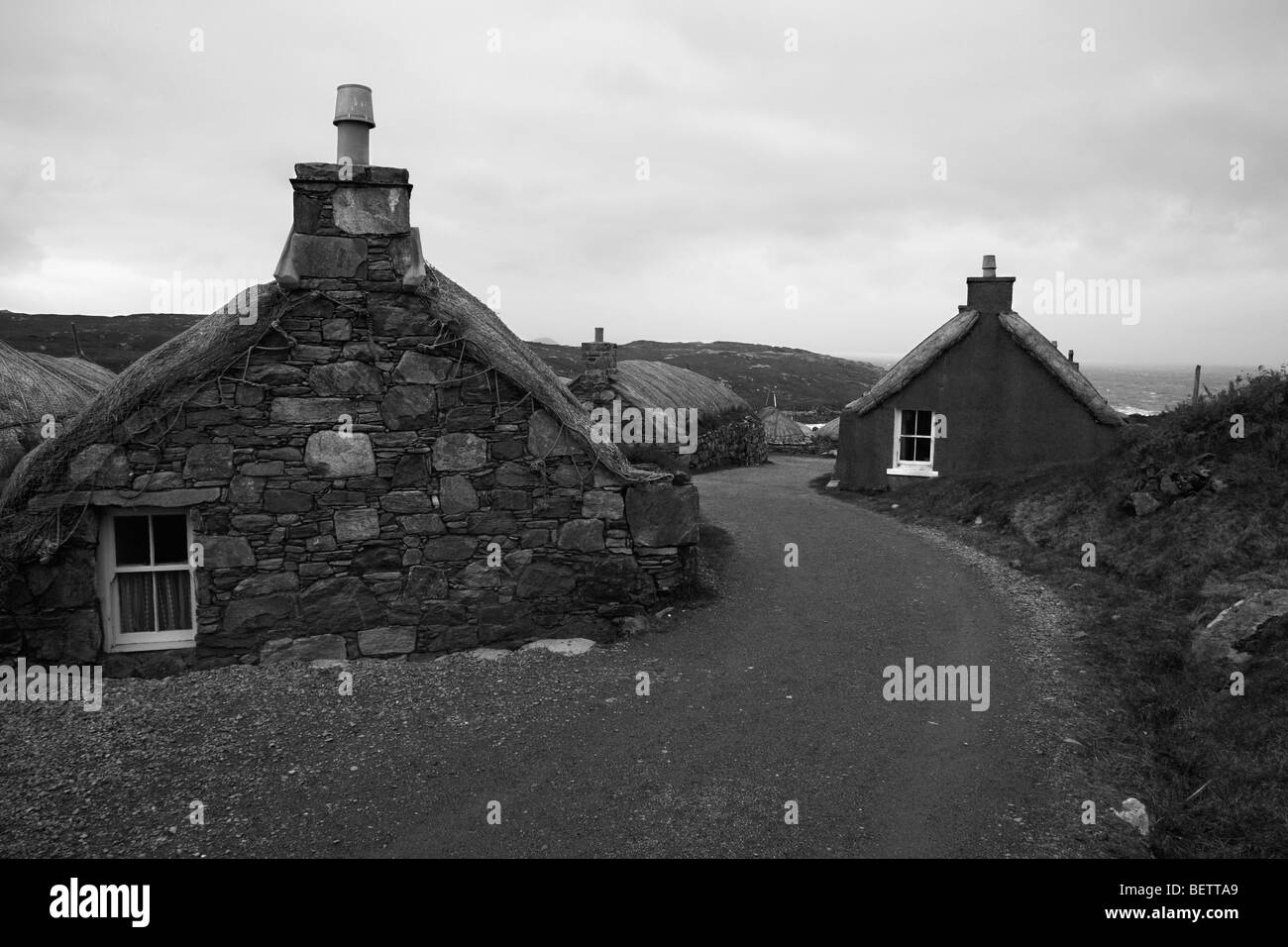 Village de chaume maison noir,Na Gearrannan Gearrannan bay,,Isle Of Lewis, Western Isles,Outer Hebrides, Ecosse, Royaume-Uni. Banque D'Images