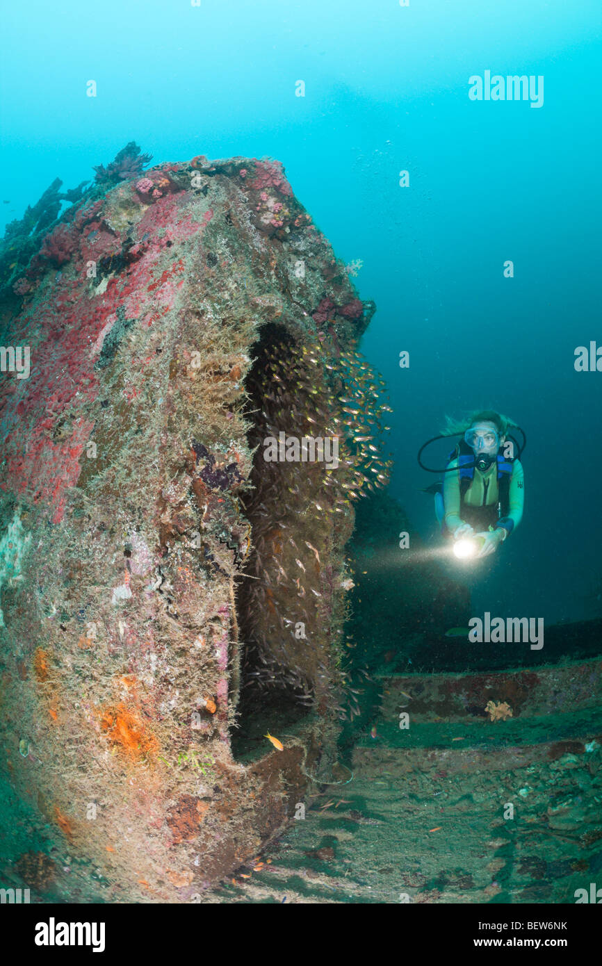 Diver à Kuda Giri Wreck, South Male Atoll, Maldives Banque D'Images