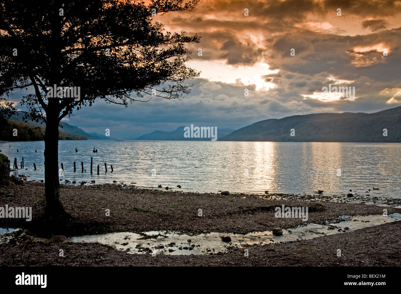 Coucher de soleil sur le Loch Ness à Inverness-shire Dores, région des Highlands en Écosse. 5390 SCO Banque D'Images