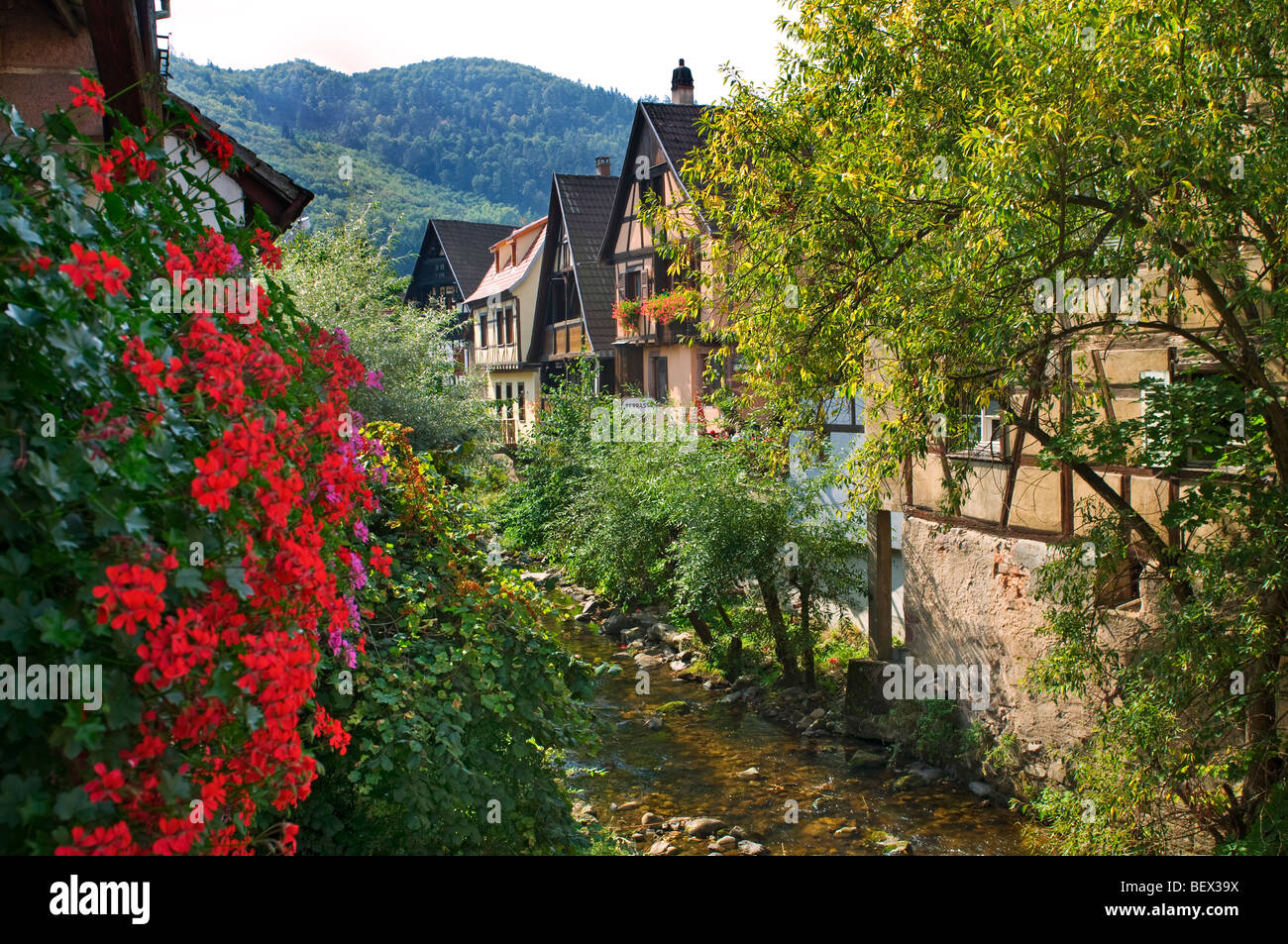 Alsace typiques maisons bordant la rivière Weiss à Kaysersberg Alsace France Banque D'Images