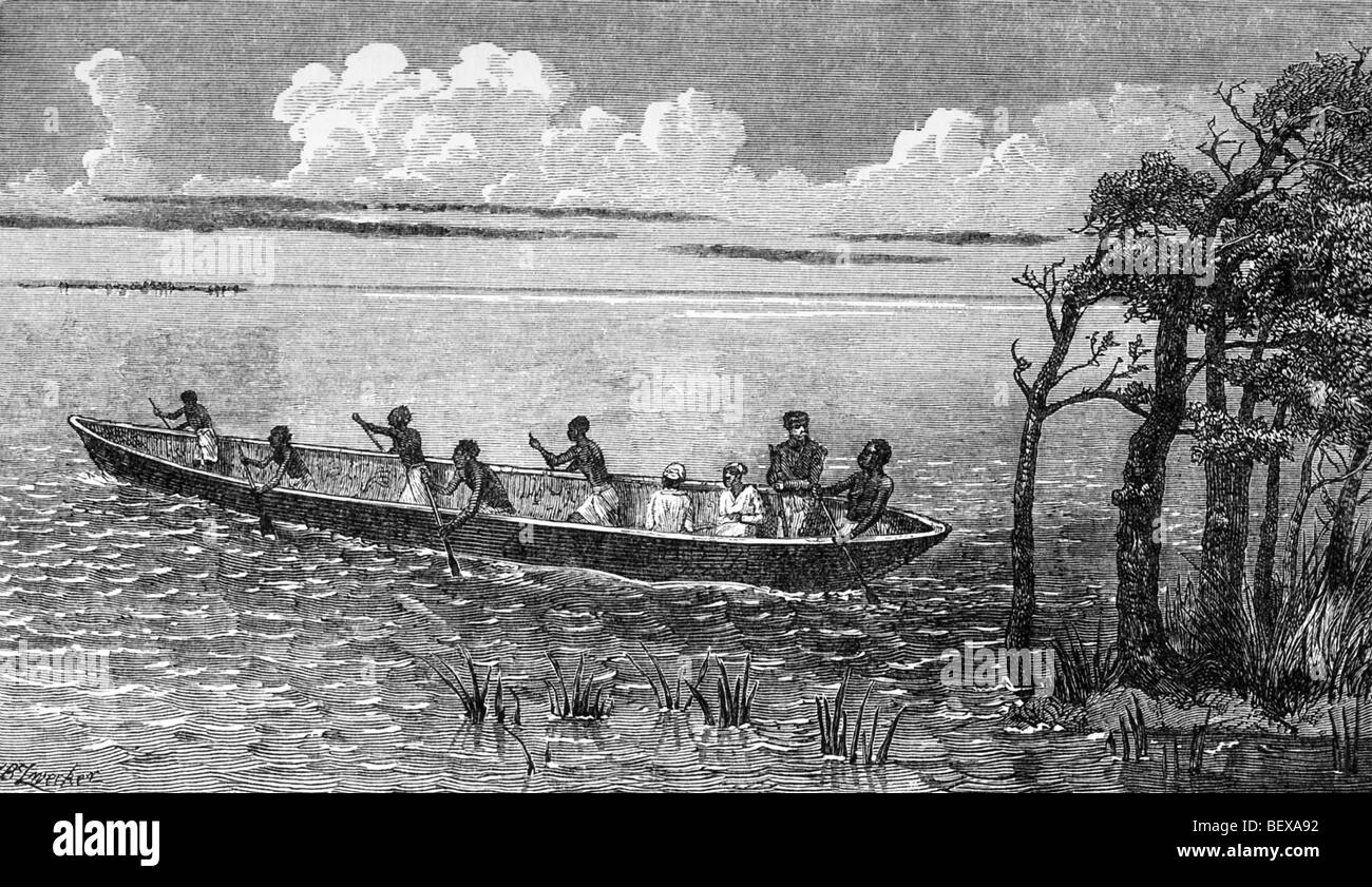 Cette illustration, extrait de l'une faite par Henry M. Stanley, Livingstone Lac Bangweolo montre la découverte en Zambie. Banque D'Images