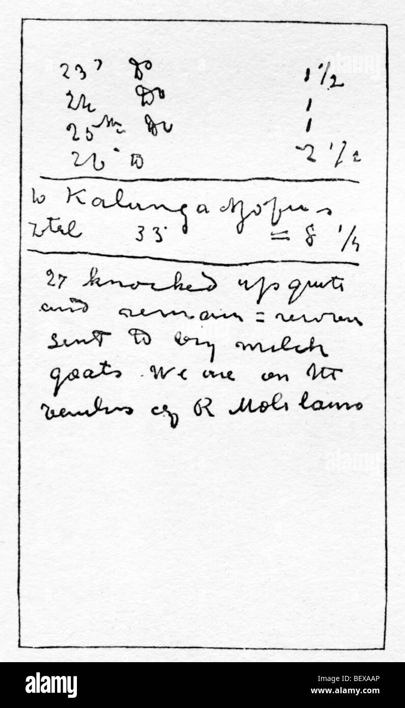 David Livingstone était un explorateur écossais et missionnaire en Afrique.Cette illustration montre sa dernière entrée dans le journal, 27 avril 1873. Banque D'Images